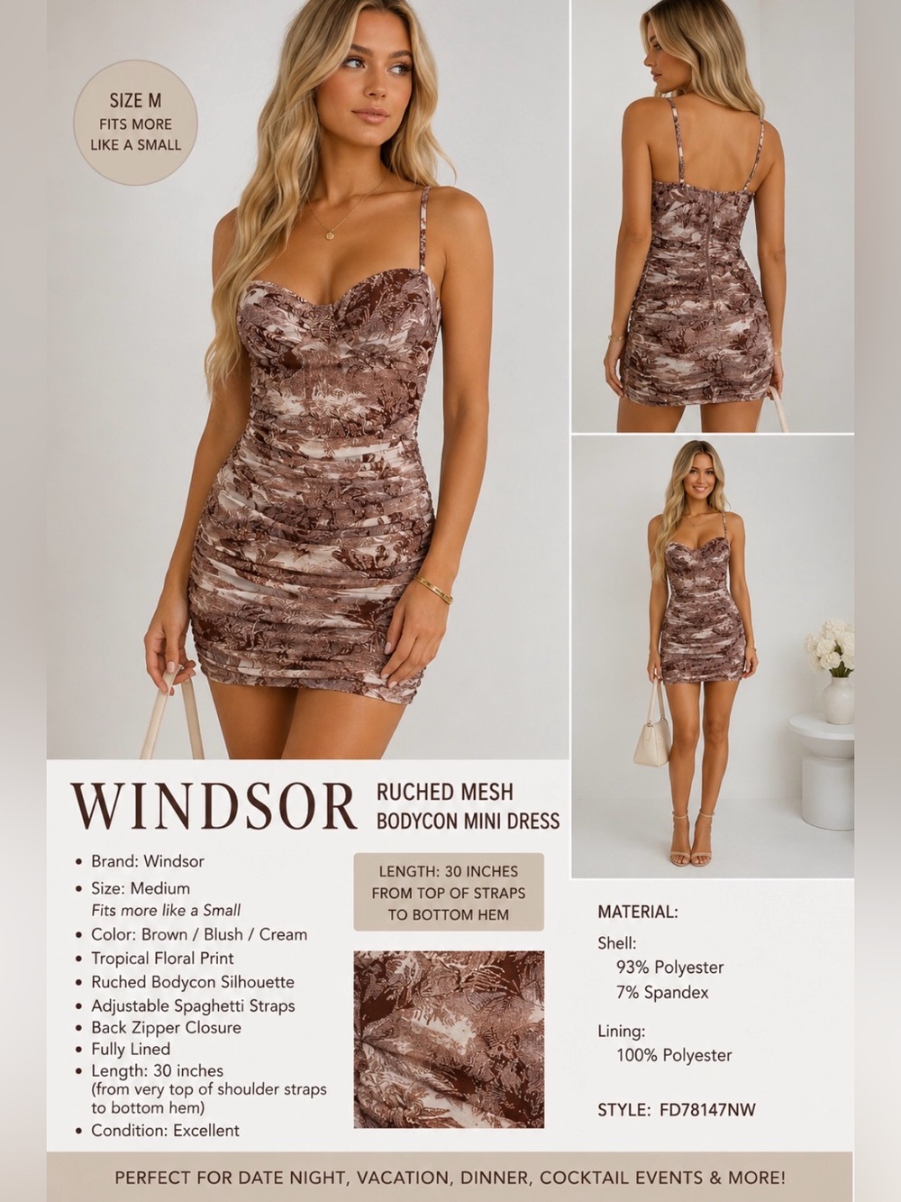 Windsor Brown Floral Ruched Mesh Bodycon Midi Dress Size M Fits S